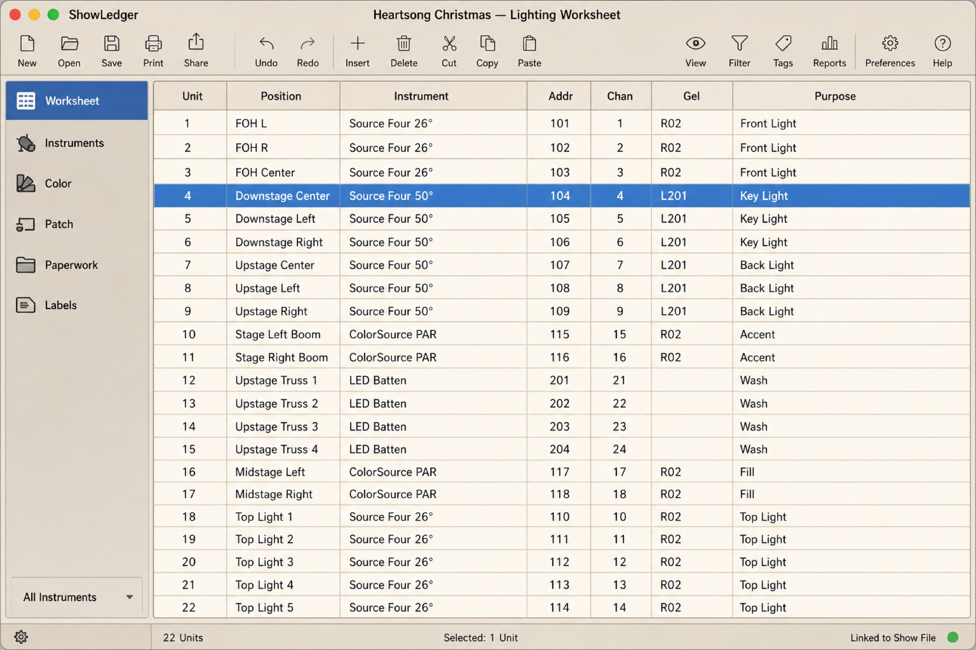 ShowLedger Classic lighting worksheet with fixture rows