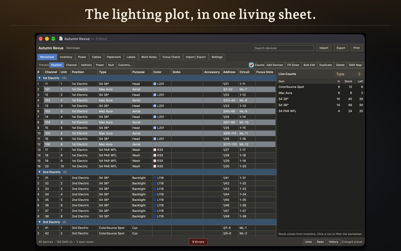 ShowLedger — Classic lighting worksheet on Mac
