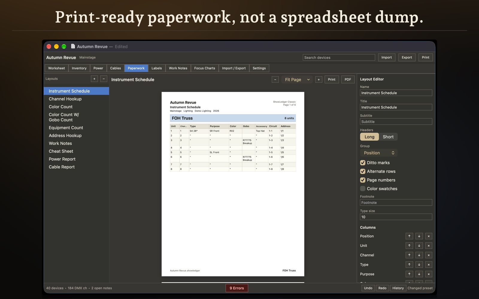 ShowLedger — Classic: Print-ready paperwork, not a spreadsheet dump