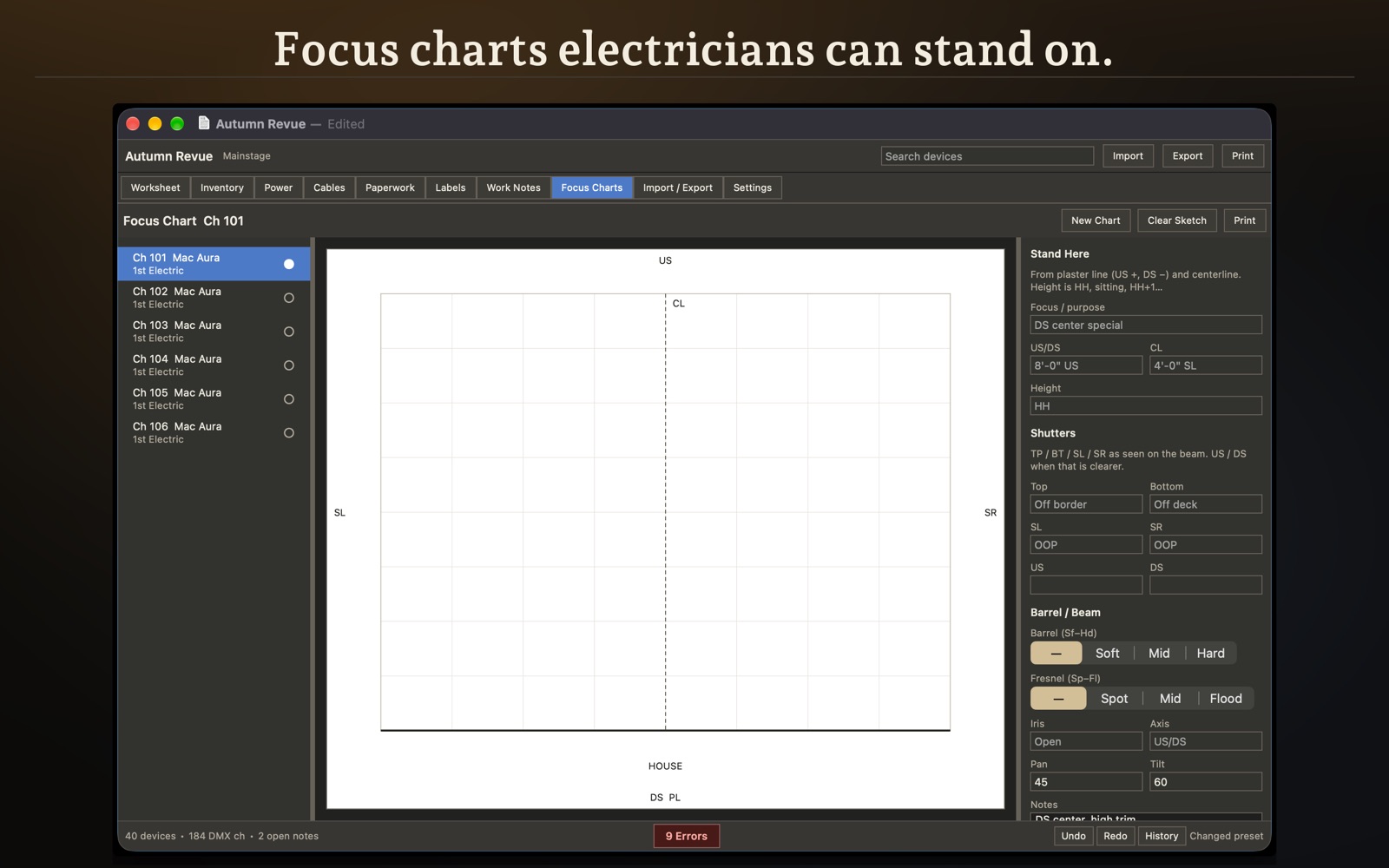 ShowLedger — Classic: Focus charts electricians can stand on