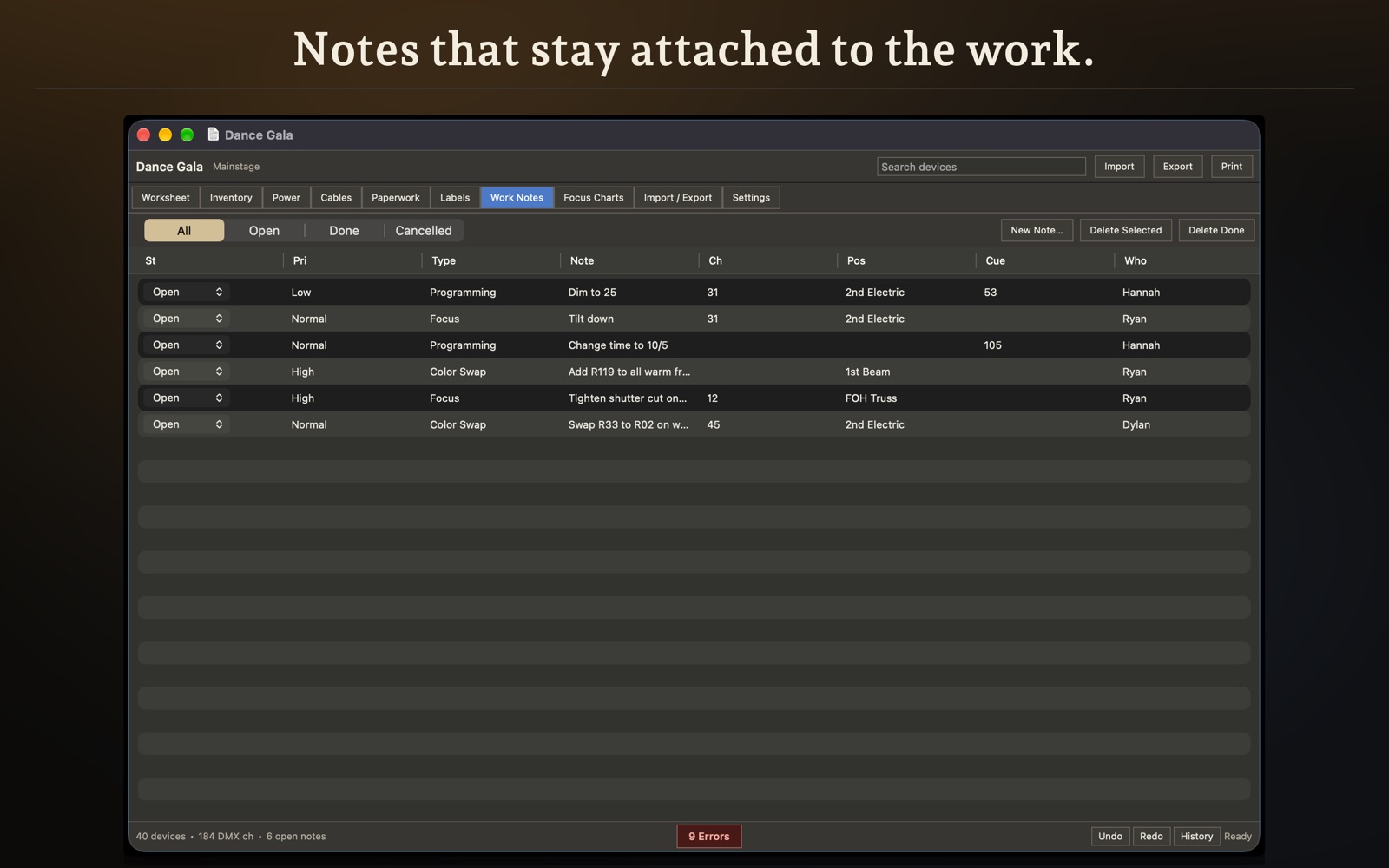ShowLedger — Classic: Notes that stay attached to the work